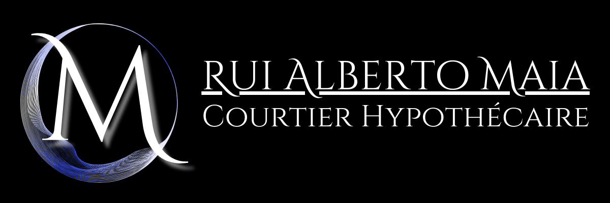 Logo de Rui Alberto Maia, Courtier Hypothécaire, comprenant la lettre M avec un design en vague circulaire et le nom Rui Alberto Maia accompagné du titre : Courtier Hypothécaire.