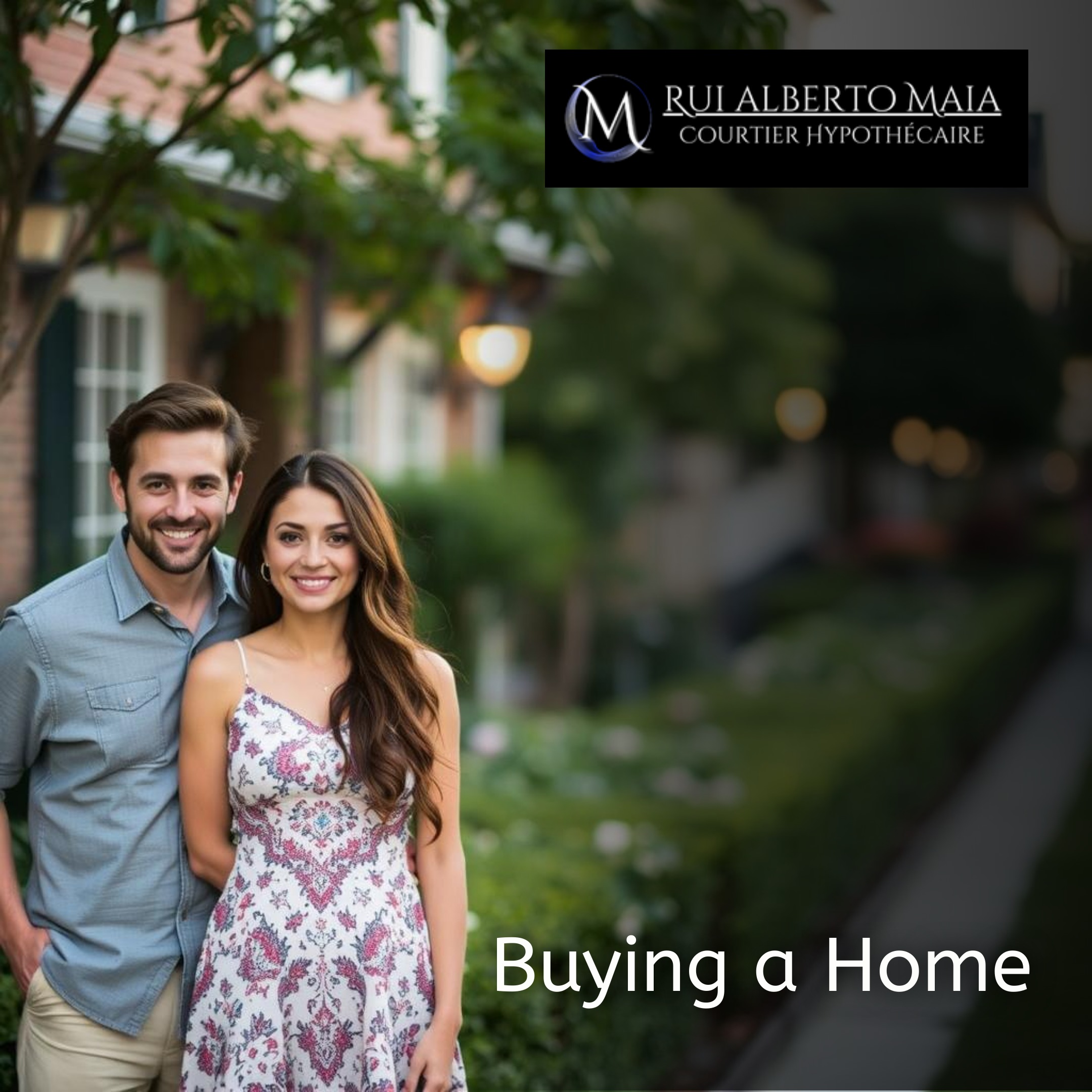 A happy couple standing in front of their new home with the caption "buying a home," representing the real estate purchasing process.