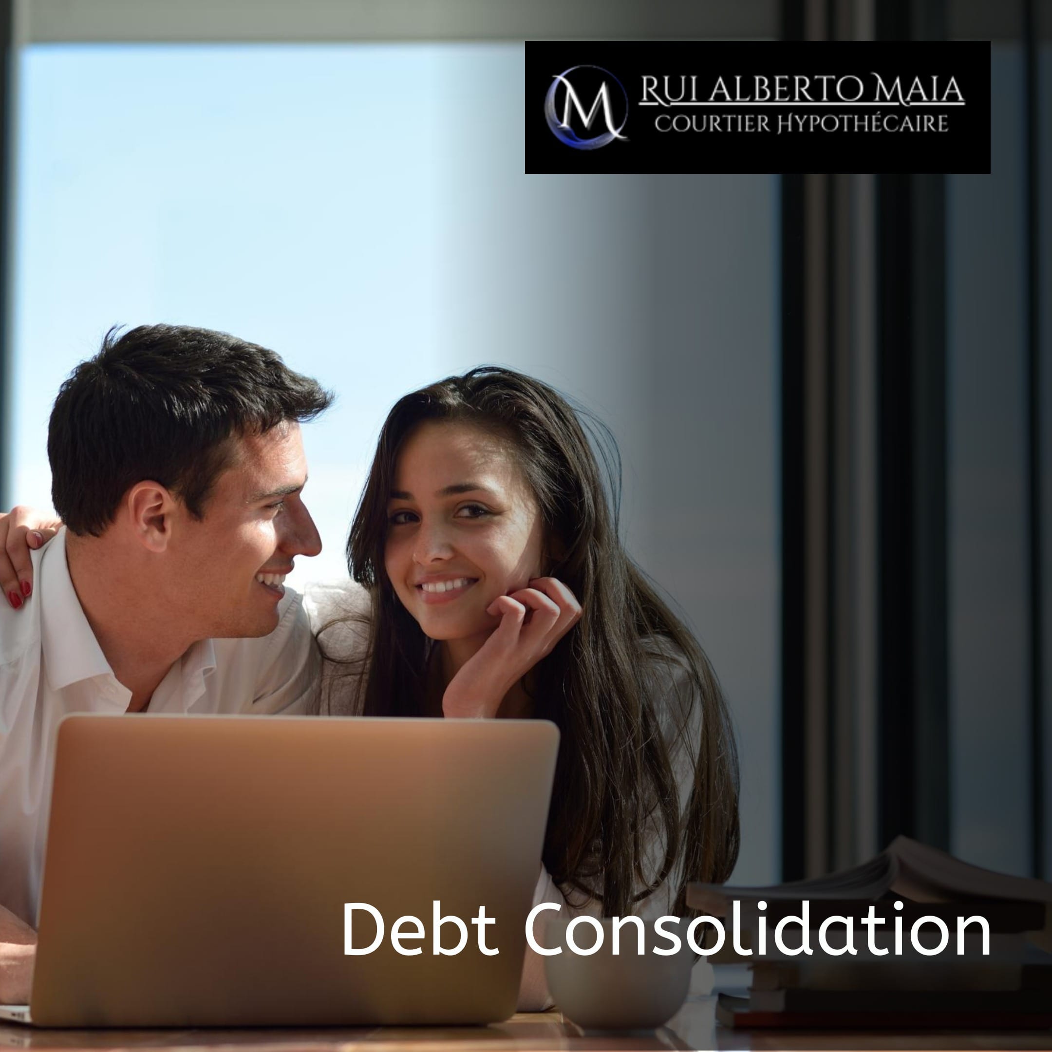 A smiling couple working on a laptop, representing the benefits of debt consolidation to reduce financial stress and simplify financial management.