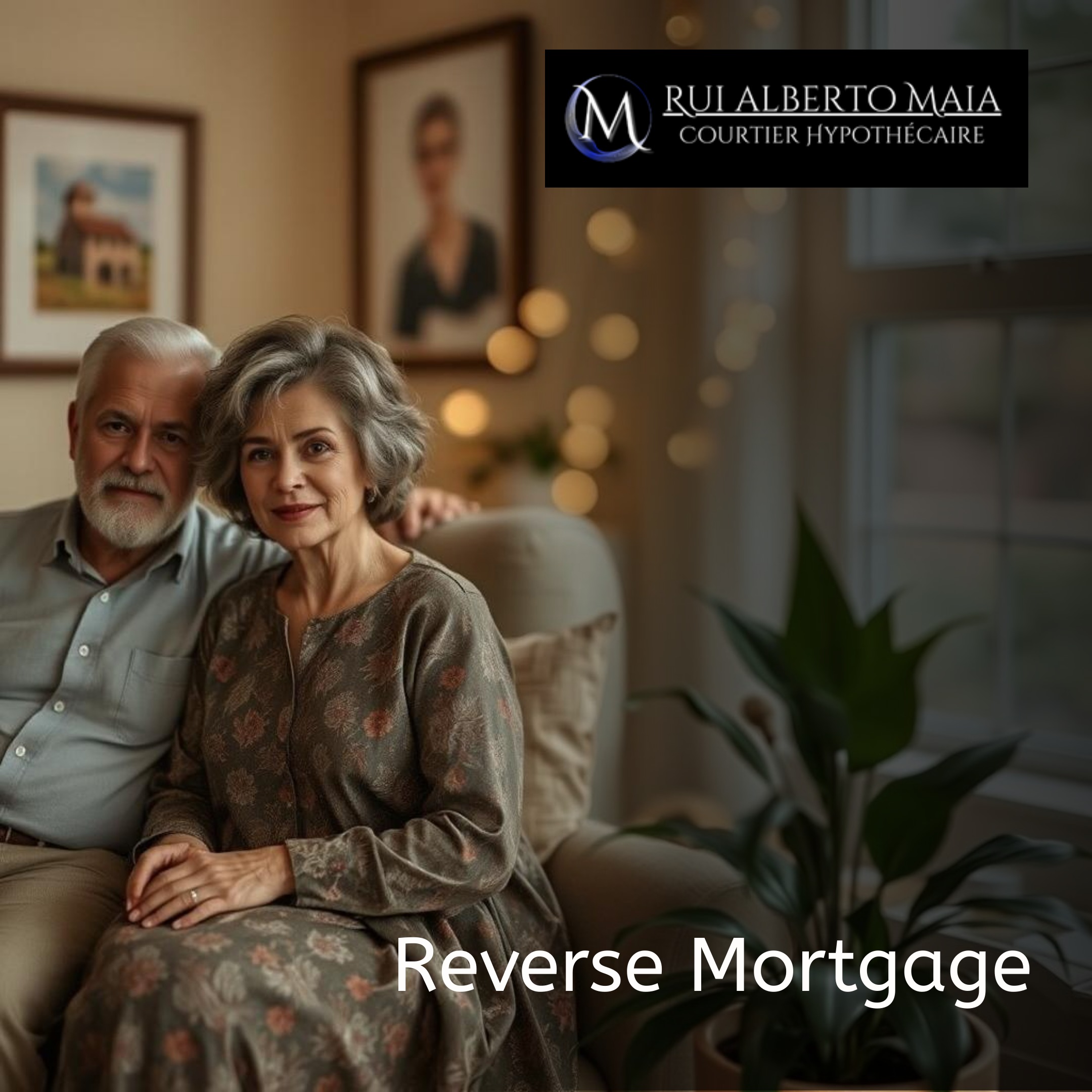 An elderly couple sitting comfortably in a bright and cozy living room, representing the benefits of a reverse mortgage.