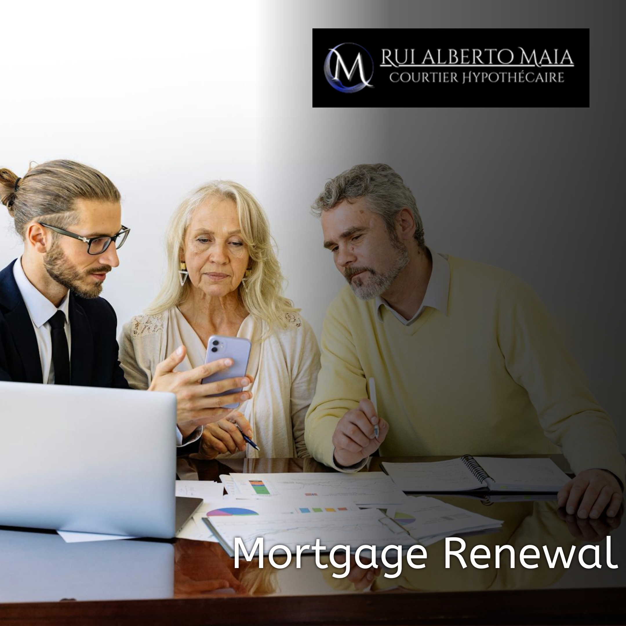 A mortgage broker explaining mortgage renewal options to a couple, with financial charts and documents spread out on the table.