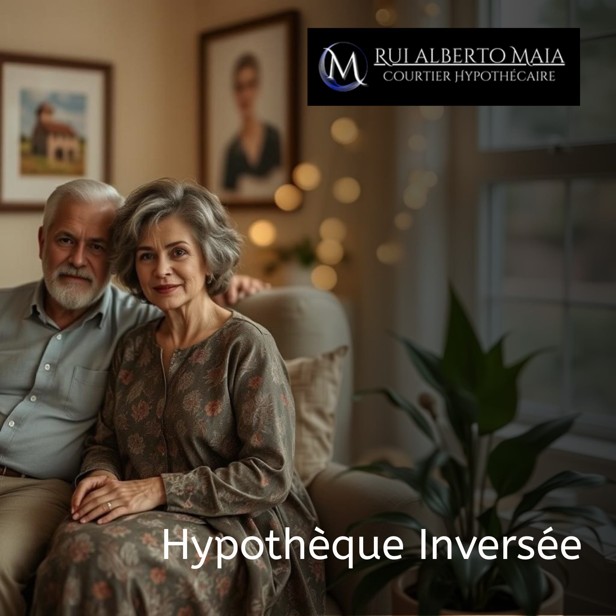 Un couple âgé, assis confortablement dans un salon lumineux et chaleureux, représentant les bénéfices d'une hypothèque inversée.