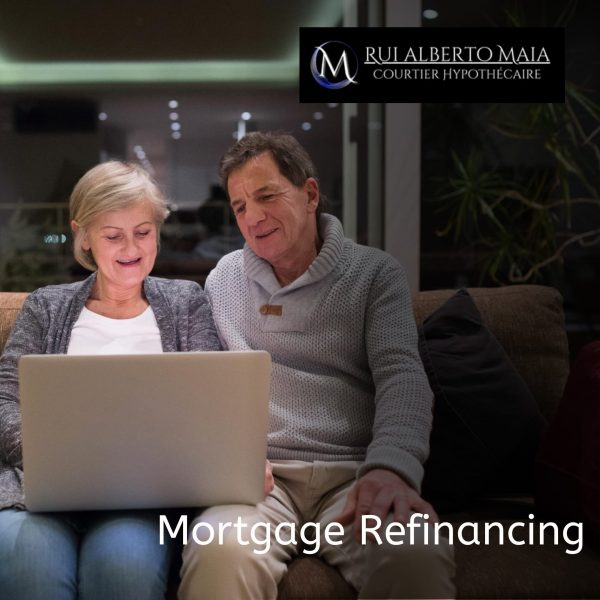 An elderly couple sitting on a couch, consulting a laptop in a warm setting, symbolizing mortgage refinancing with the help of a broker.