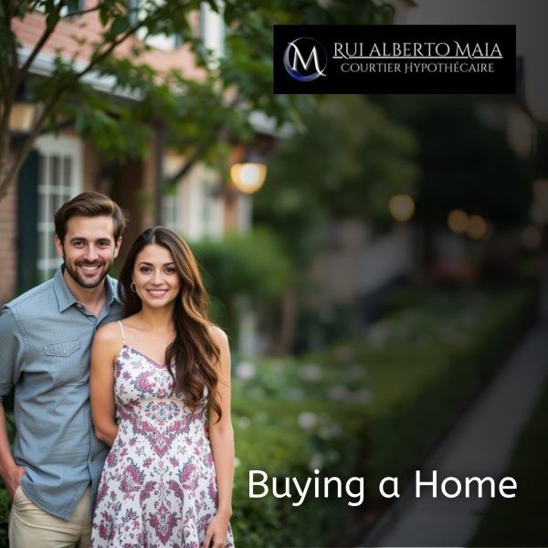 A happy couple in front of their new home with the inscription "buying a home," representing the real estate purchase.